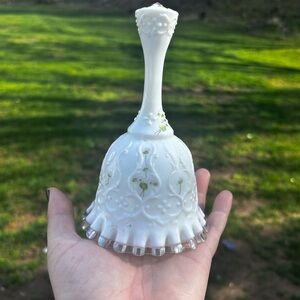 Fenton Spanish lace White Milk Glass Bell with Floral Accents